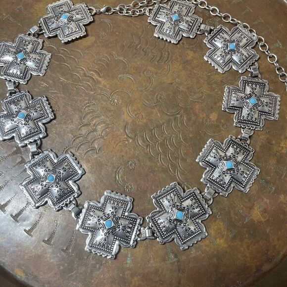 Womens Western Southwest Silver Cross Chain belt adjustable TO 40" Turquoise - Picture 6 of 7